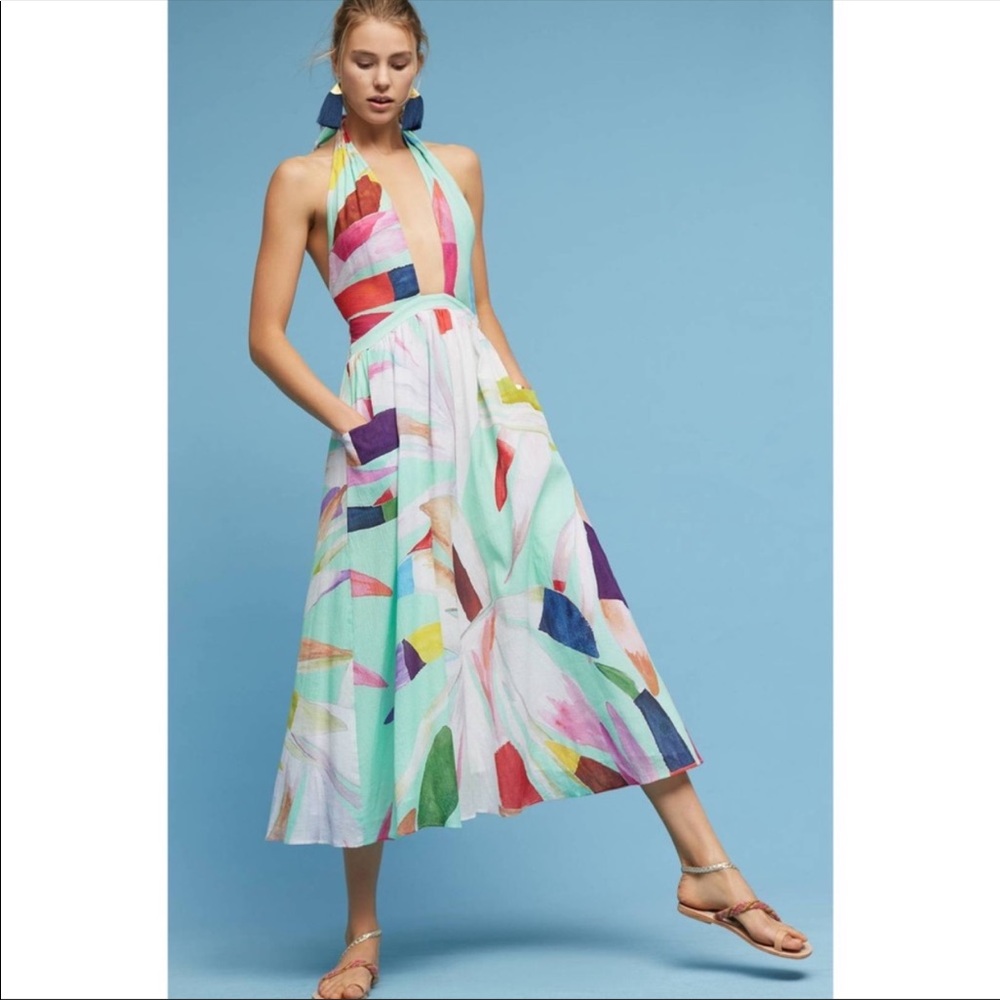 Mara Hoffman Mint Multi Abstract Halter Midi Dress